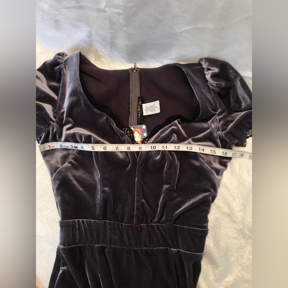 Laura Byrnes Pinup Couture Charcoal Velvet Midi Dress with Black Lace Trim - Picture 5 of 9